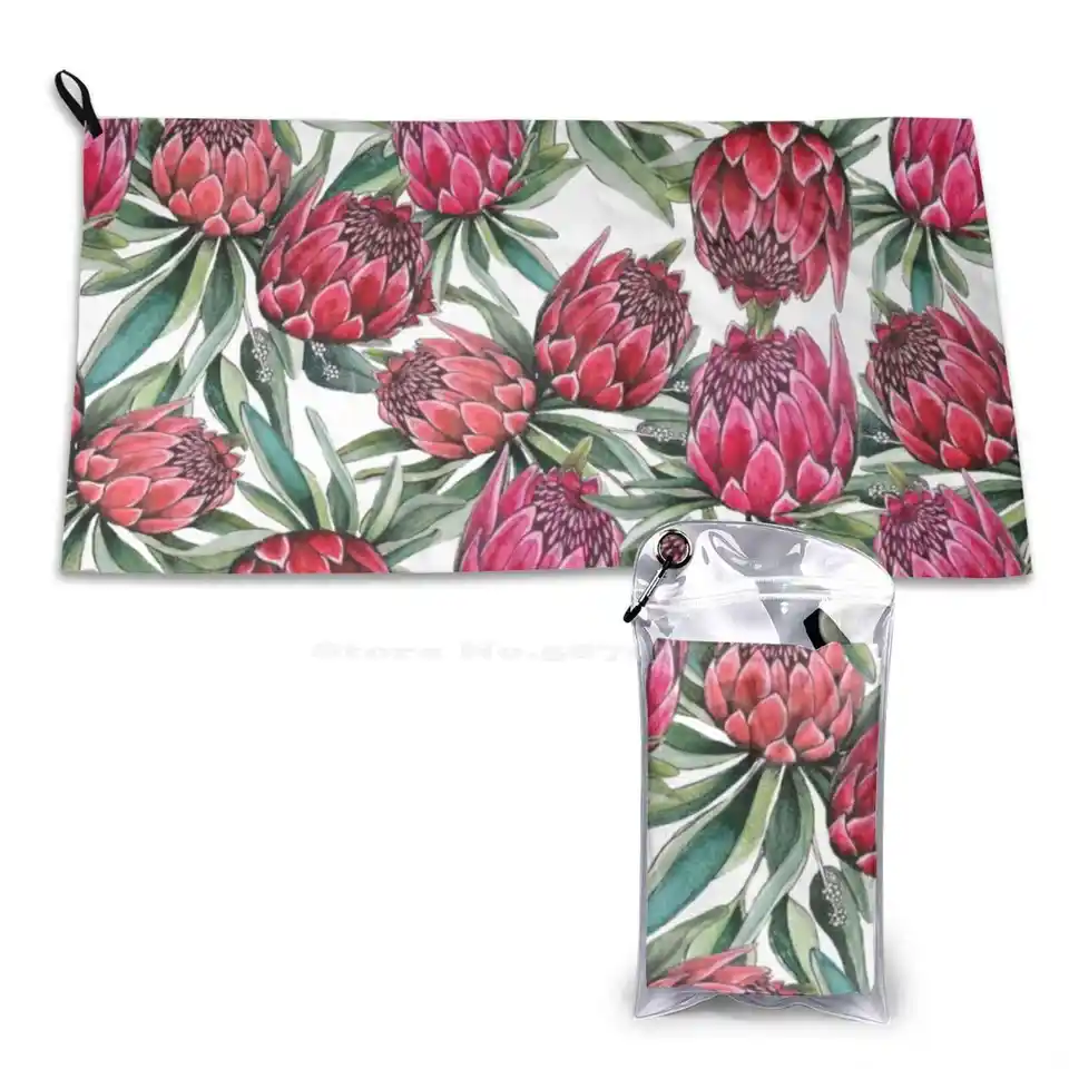 Protea Flower Watercolor na bielom jemnom pohodlnom kúpeľni vonkajší protea art