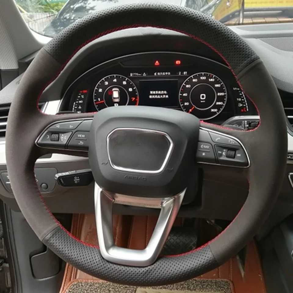Protišmykový čierny originálny kožený semišový mäkký DIY kryt volantu na volant pre Audi A4 Allroad 2017-2018 / Q3 2019 / Q5 2018-2019