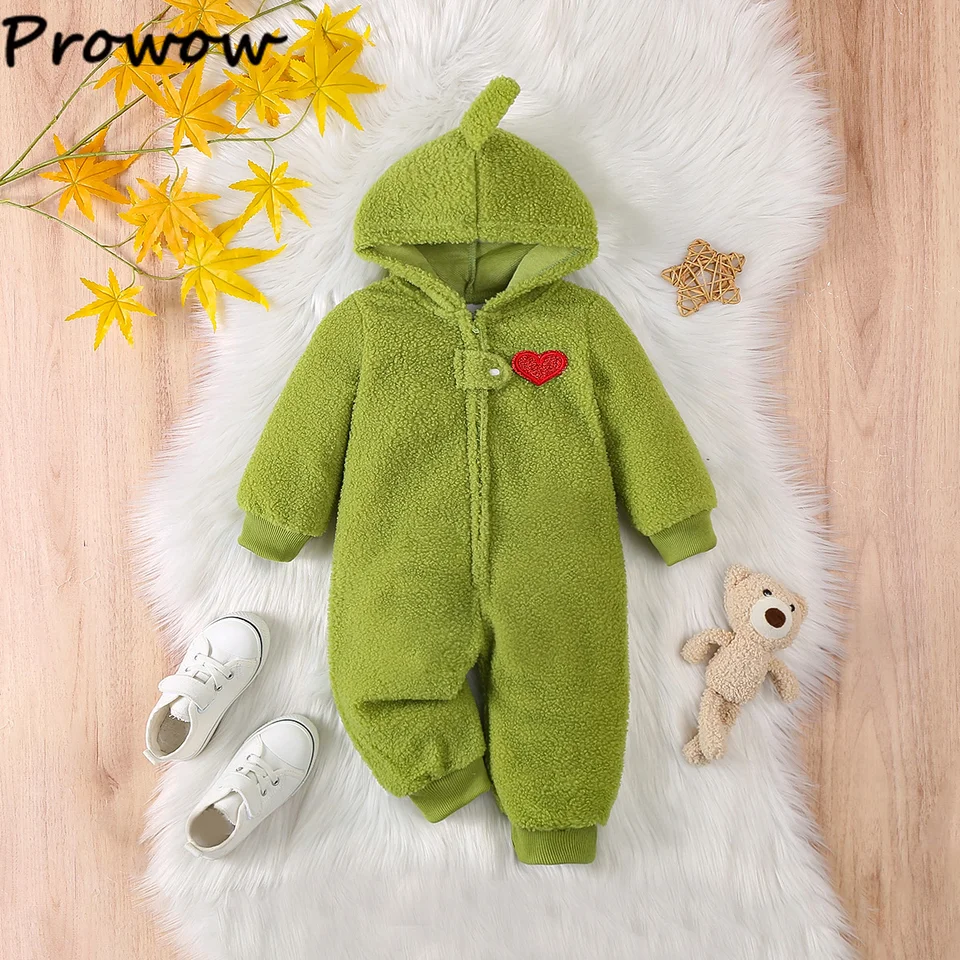 Prowow 0-24m detské vianočné oblečenie Green Elf Romper Heart Hooded Coral Fleece Zimná kombinéza pre deti novorodenecké vianočné oblečenie