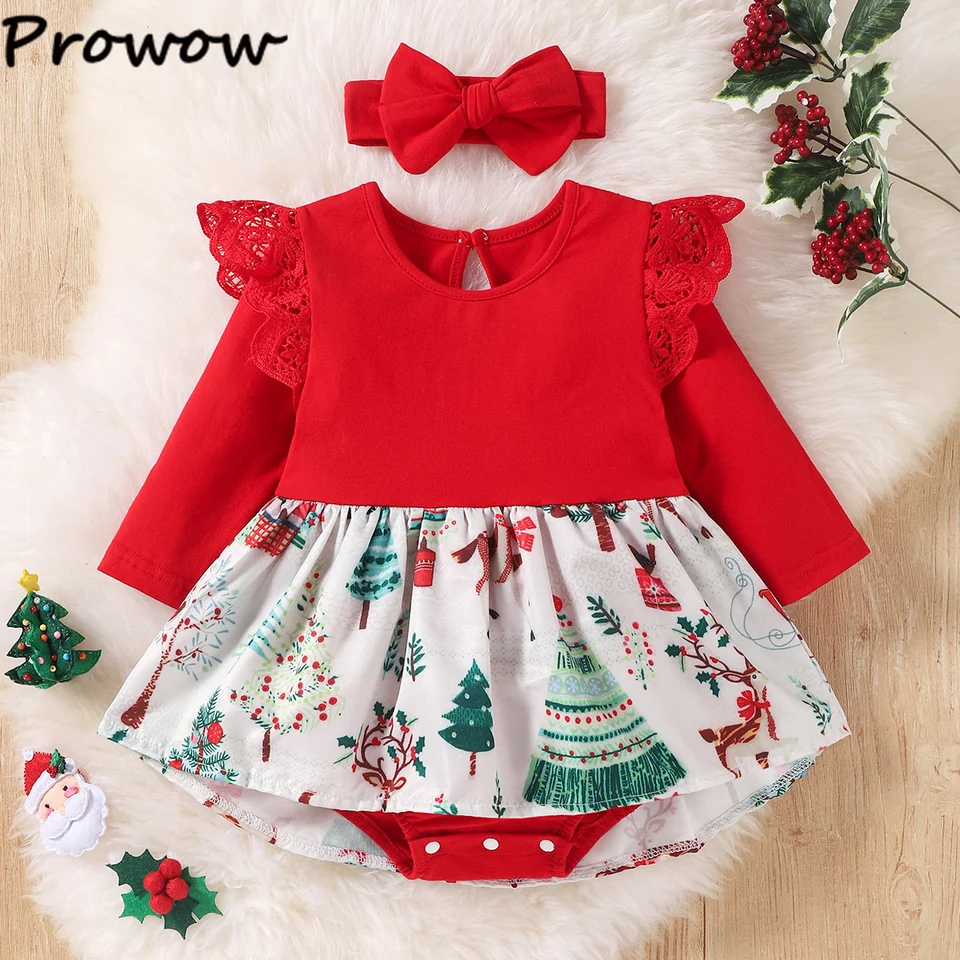 Prowow baby vianočné šaty čipky rukávy červené vianočné šaty BodySuit na nový rok moje prvé vianočné dievčatky kostým