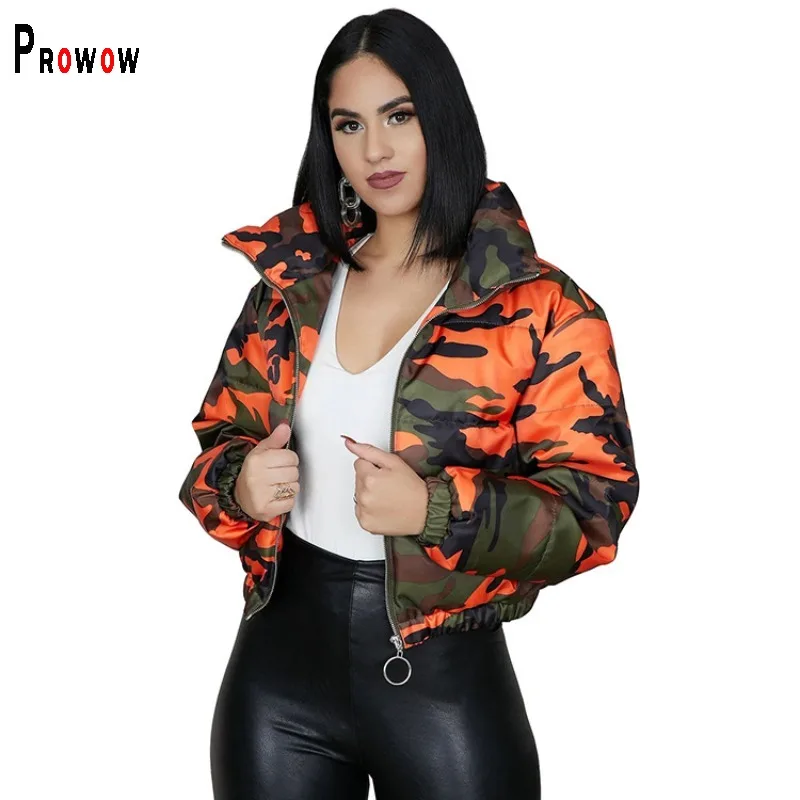 Prowow Casual Women Parkas Down Coas Husté teplé zimné ženské topené oblečenie maskovacia tlač zipsov zips s krátkym štýlom streetwear
