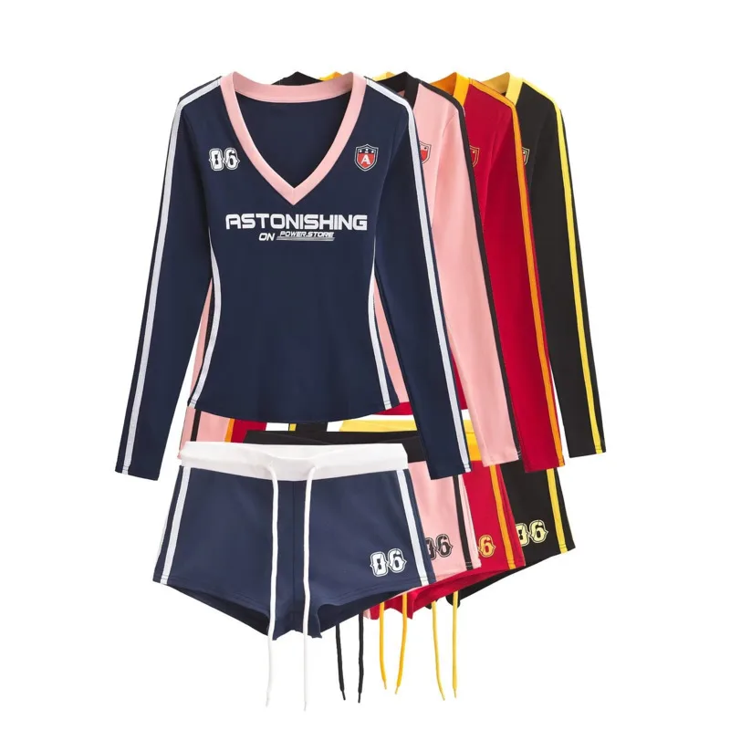 Pruhovaná patchwork American Retro Short Set V-Neck dlhý rukáv Top Rawstring Stručne sexy obleky Streetwear 2-diel set žien outfit