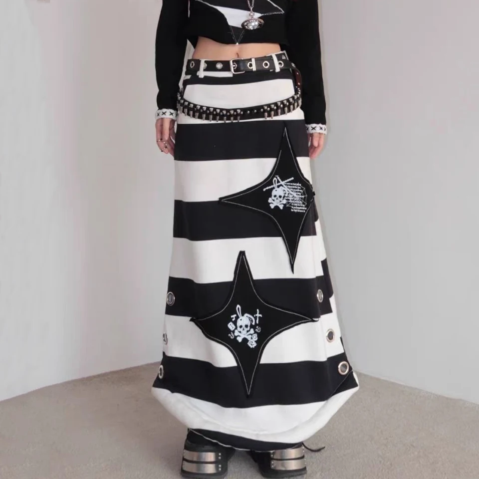 Pruhovaná tlač čierne biele ženy punk príležitostné midi dlhé sukne japonské vinobranie subkultúry lebky rovné sukne Harajuku Street sukne