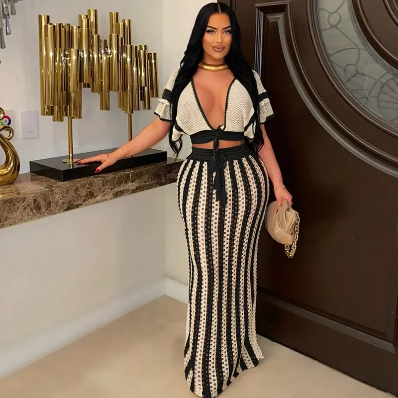 Pruhované pletené dvojdielne súpravy Ženy outfit Y2K Clothwear Party Party Dutlow Out V-Neck Top a dlhé sukne maxi šaty súpravy