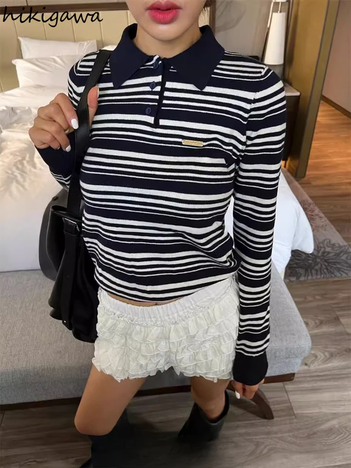 Pruhované príležitostné tričká Dámske oblečenie Kórejské odpaliská Otočenie obojku Vintage Camisetas Y2K Tops Loose Elegant Titt tričko Ropa Mujer