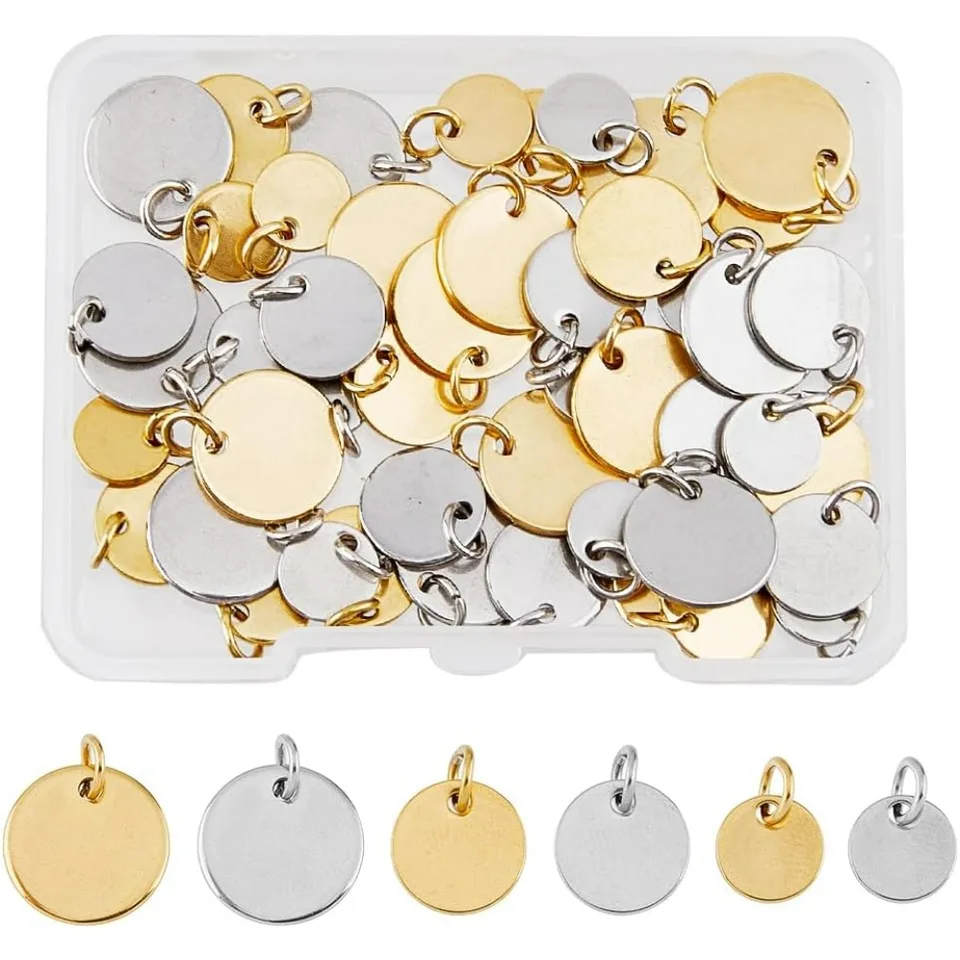 Prázdne pečiatkové značky prívesky čierna 304 Kúzla z nehrdzavejúcej ocele s skokom Ring Round Round Disc Rose Gold Strieborné kúzla