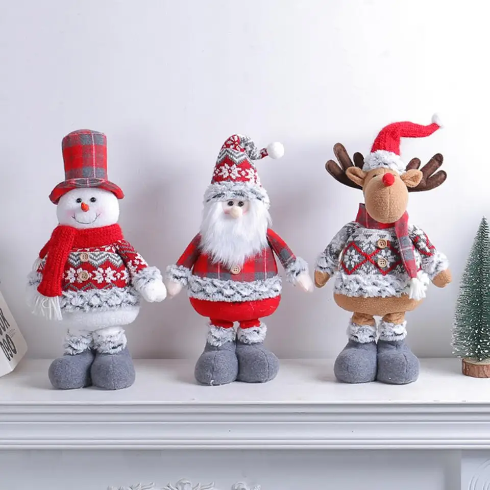 Prázdninový darček pre priateľov Rodina stiahnuteľná noha vianočné plyšové bábiky stojaci Santa Claus Snowman Reindeer Festive pre dom