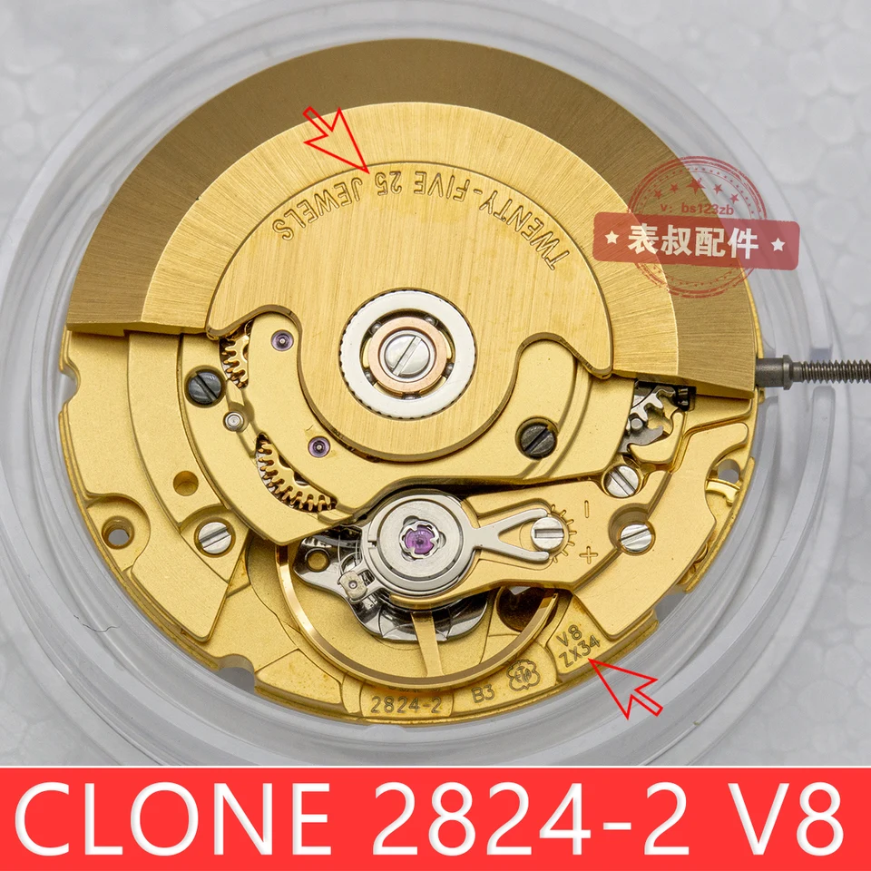 Prémiový klon ETA 2824-2 V8 Zlatý mechanický pohyb 25 šperkov Vysoká presnosť 2824 Seagull ST2130 vyrytý modifikovaný mechanizmus