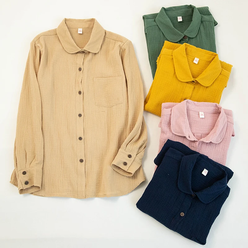 Príležitostné 100% bavlnené gázové dlhé košele Dámske oblečenie Soild Loose Long Ruckve Tops Streetwear Chic Lady Brouse Tirls s vreckami