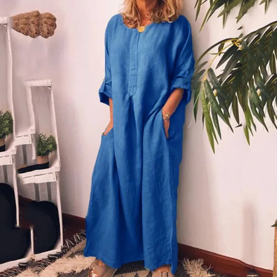 Príležitostné dámske dlhé košele kaftan šaty s vreckom 2023 letné ženy pevné farebné nadmerné bavlnené bielizeň maxi voľné šaty
