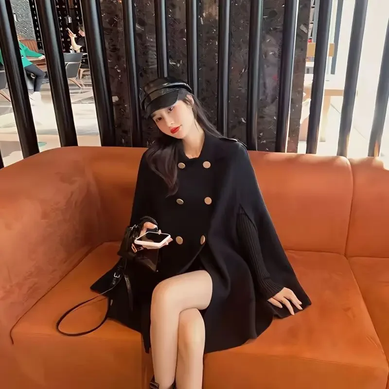 Príležitostné elegantné vlnené čiapky a ponchos módne streetwear Poncho Coats Dámsky dizajn Čierne bunda bez rukávov Žena Q349
