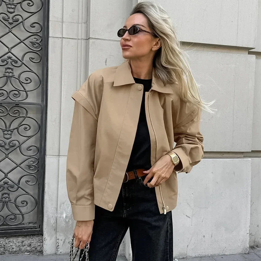 Príležitostné khaki Trench Coat 2024 Jednoduchý francúzsky štýl voľný bunda dizajn zmysly módny náhodný kabát Dámske oblečenie