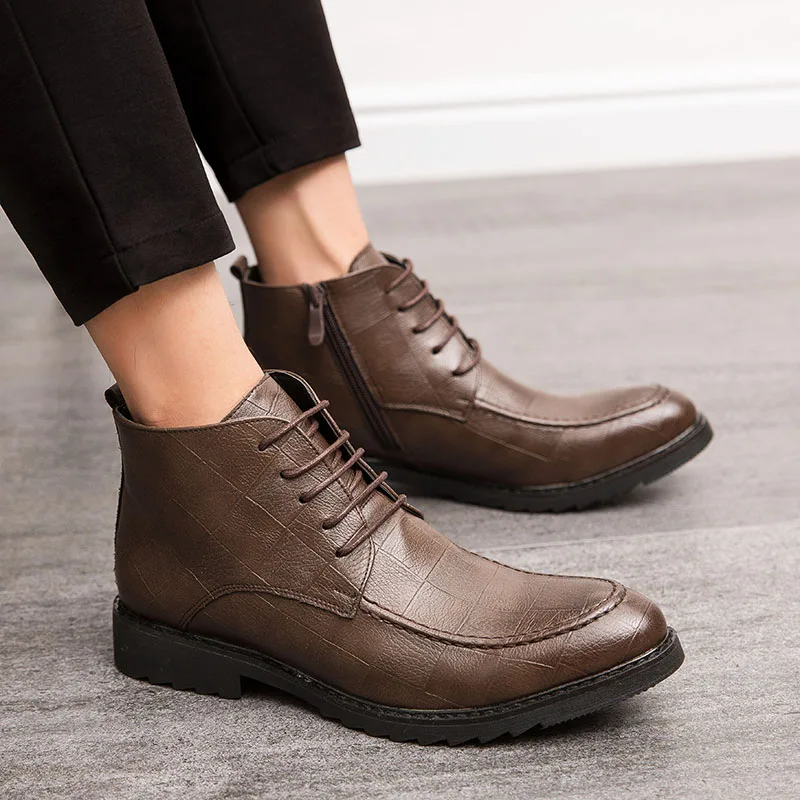 Príležitostné kožené muži High Top topánky Klasika Business členkové topánky bok zips šnurovanie chelsea topánky Ventiláty