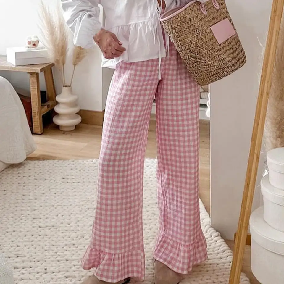 Príležitostné nohavice s elastickým pásom prikľovaným dizajnom Príležitostné nohavice Plaid Tlat Ruffing Stitching Hem Dámske príležitostné nohavice štýlové