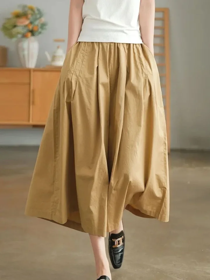 Príležitostné nové dámske nohavice Khaki 100% Pure Cotton Loose Loose Elastic Pase Wide Nohavky Ženy 2024 letné retro čierne sukne nohavice