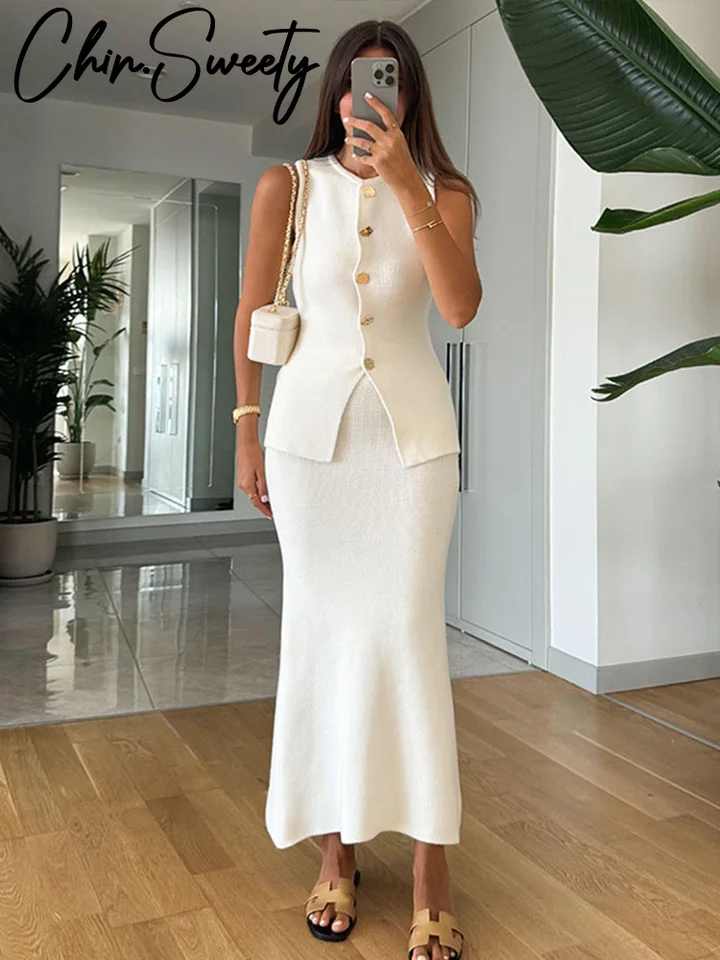 Príležitostné pletené 2 kusy Ženy Slim o krk bez rukávov bez rukávov bedrové balenie dlhé sukne 2025 jarná outfit outfit