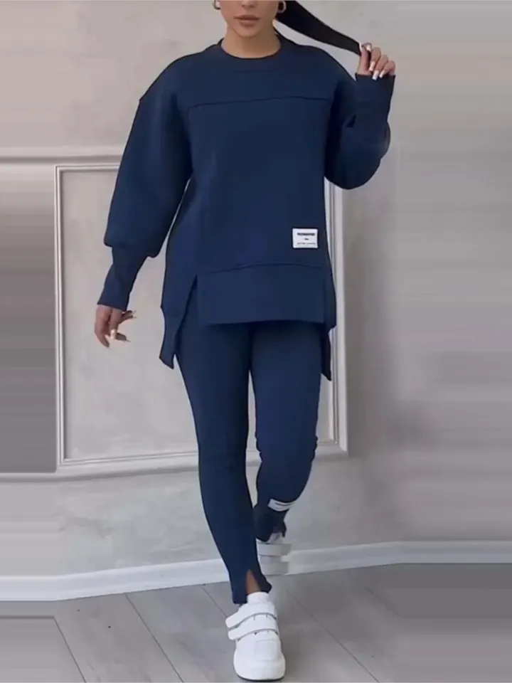 Príležitostné plné farebné športové nohavice súpravy Ženy nepravidelné štrbinové pullover mikina štíhle nohavice Dvojdielne set dochádzajúce oblek