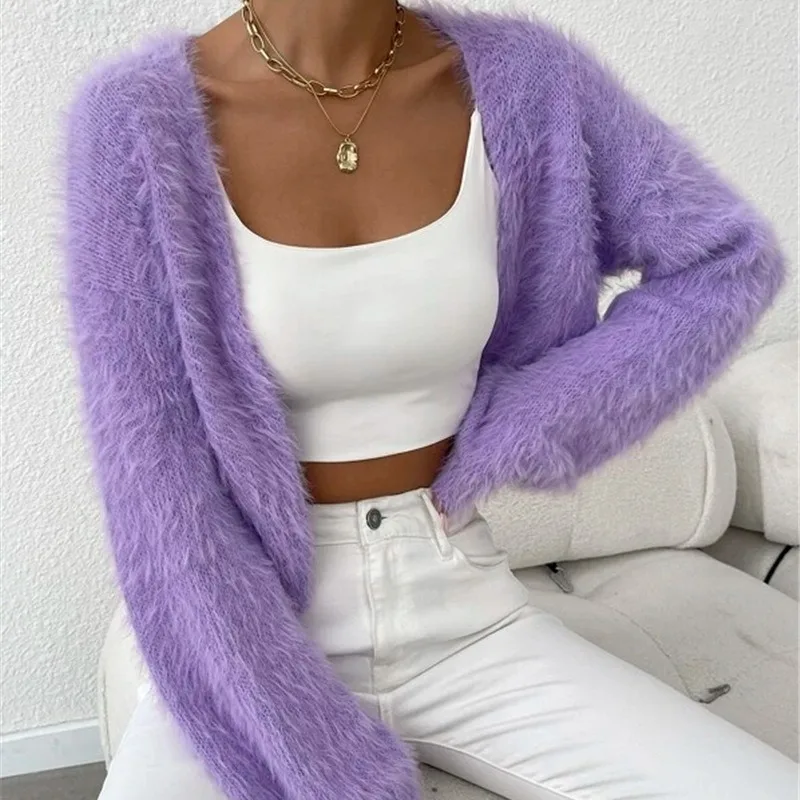 Príležitostné plyšové pevné krátke kardiganové ženy Vintage voľný nadýchaný s dlhým rukávom Otvorené kabáty Lady Jeseň Soft Elegant Chic Street Outwear