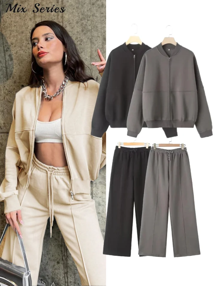Príležitostné zipsové mikiny nohavice súprava Ženy Solid O-Neck Bomber Bunda Lase-Up-Up High Pasers 2025 jarné nové dámy obleky