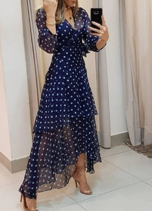 Príležitostné šaty pre ženy 2024 Lantern Ruckve Lace Up Polka Dot Nepravidelný tlačový krk vrstvené vrstvy Vysoký pás Maxi Dressline