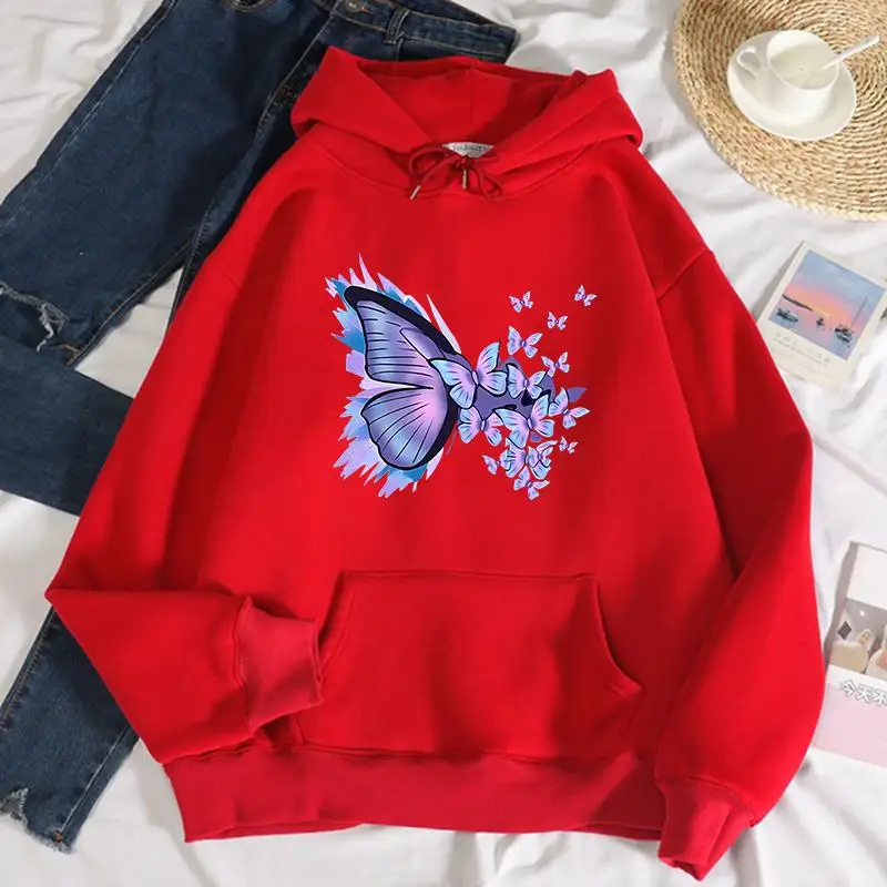 Príležitostné ženské mikiny Krásna motýľová tlač mikiny mäkká priedušná voľná vrecká na jeseň zimné streetwear