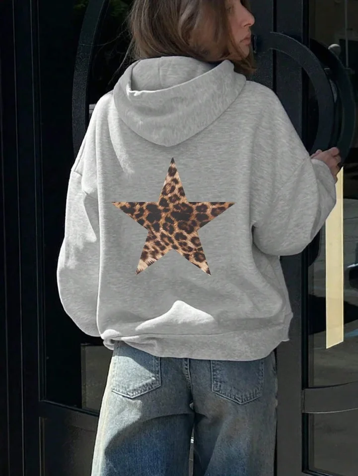 Príležitostné ženské mikiny Leopard Pentagram Pattert Tlač pulvózov voľný vrecko Warm Fleece Mikiny jesenné ženské oblečenie
