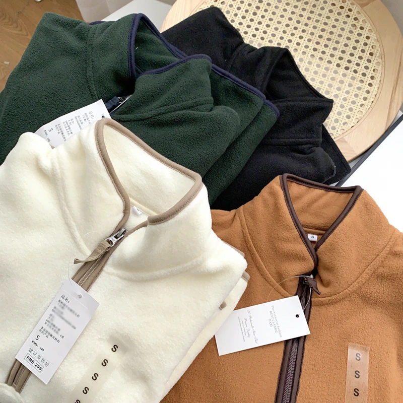 Príležitostné ženy béžové kožušinové pulvovery Jeseň Zimná móda dámy Half Zipper Patchwork mäkká žena pevná farba teplé pulóvery