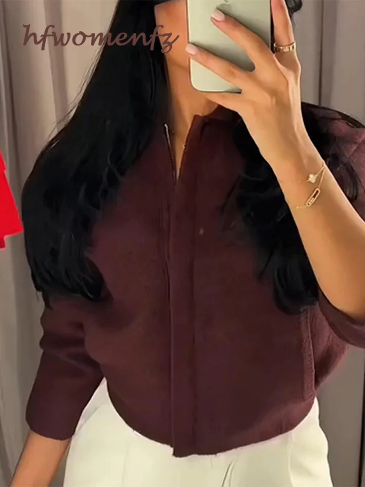 Príležitostný obojok s krátkym svetrom Sweater Dámske dámske vreckové bunda s dlhým rukávom 2024