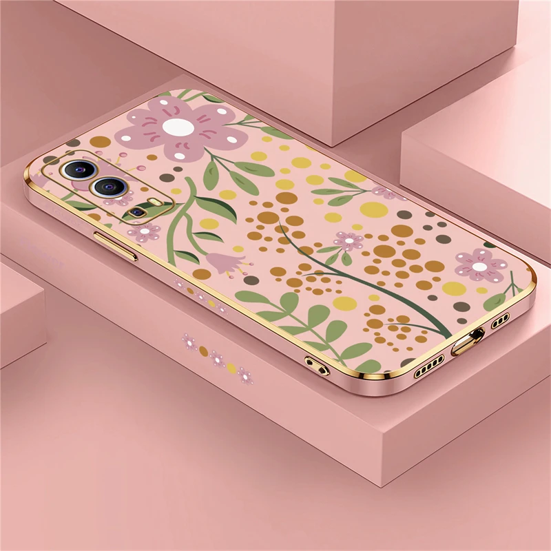 Prípad luxusného pokovovania pre Vivo Y03 Y100 Y52S Y55S Y66 Y67 Y72 Y75 Y76S Y71 Y36 Y78 Y91C Flower Silikone Phone Cover Funda