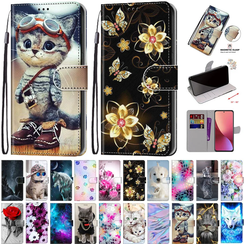 Prípad módy Flip Book pre Nokia C12 C01 Plus Pro C32 C22 G10 G20 G11 G21 G60 5G 6.3 Farebné zvieracie kvety Wolf Cat Cover Cover