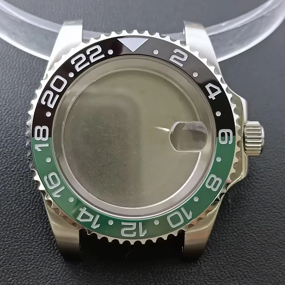 Prípad NH35 GMT 40,5 mm vysokokvalitné mužské strieborné oceľové puzdro NH34 NH35 NH36 PUSE PUSE PRE SAPPHIRE Glass Watch Box Watch Bezel Watch