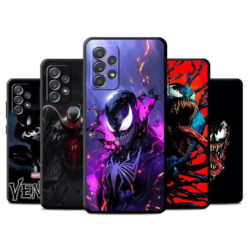 Prípad pre Samsung Galaxy A52 A53 A12 A13 4G A54 5G A32 A51 A71 A23 A33 A21S A31 Black Shell Telefón kryt telefónu Venom Marvel Hero Bumper Bumper