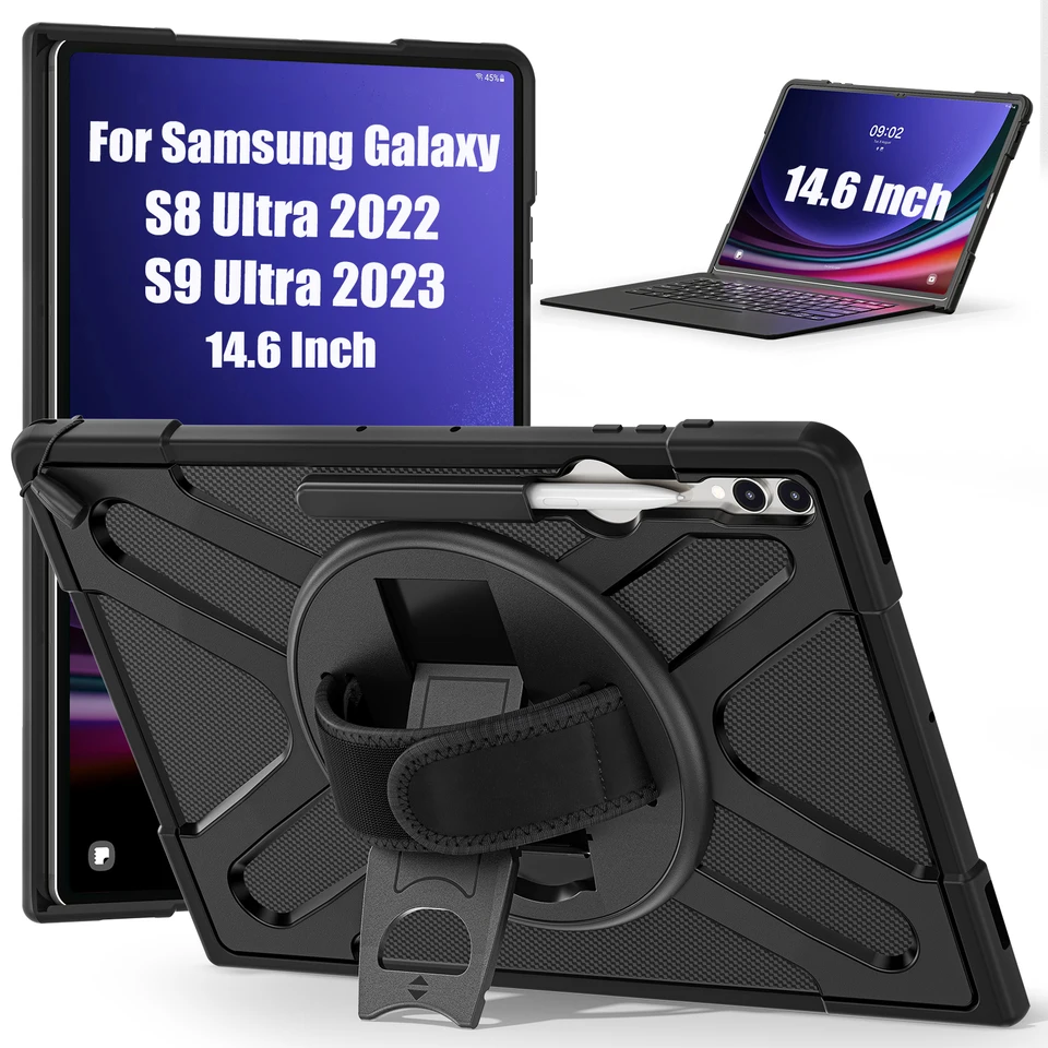 Prípad pre Samsung Galaxy Tab S9 Ultra 2023 14,6 palca S8 Ultra 2022 Strach -odolný drsný puzdro s rotačným krytom ruky na ruky