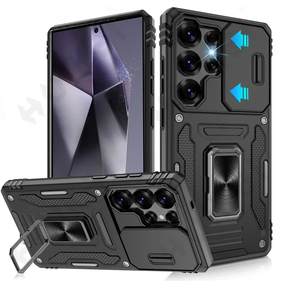 Prípad pre Samsung S25 S24 Fe S23 S22 S21 S20 Ultra Plus Fe A55 A35 A16 4G 5G Kruhový kĺzavý kryt kĺzania Kickstand