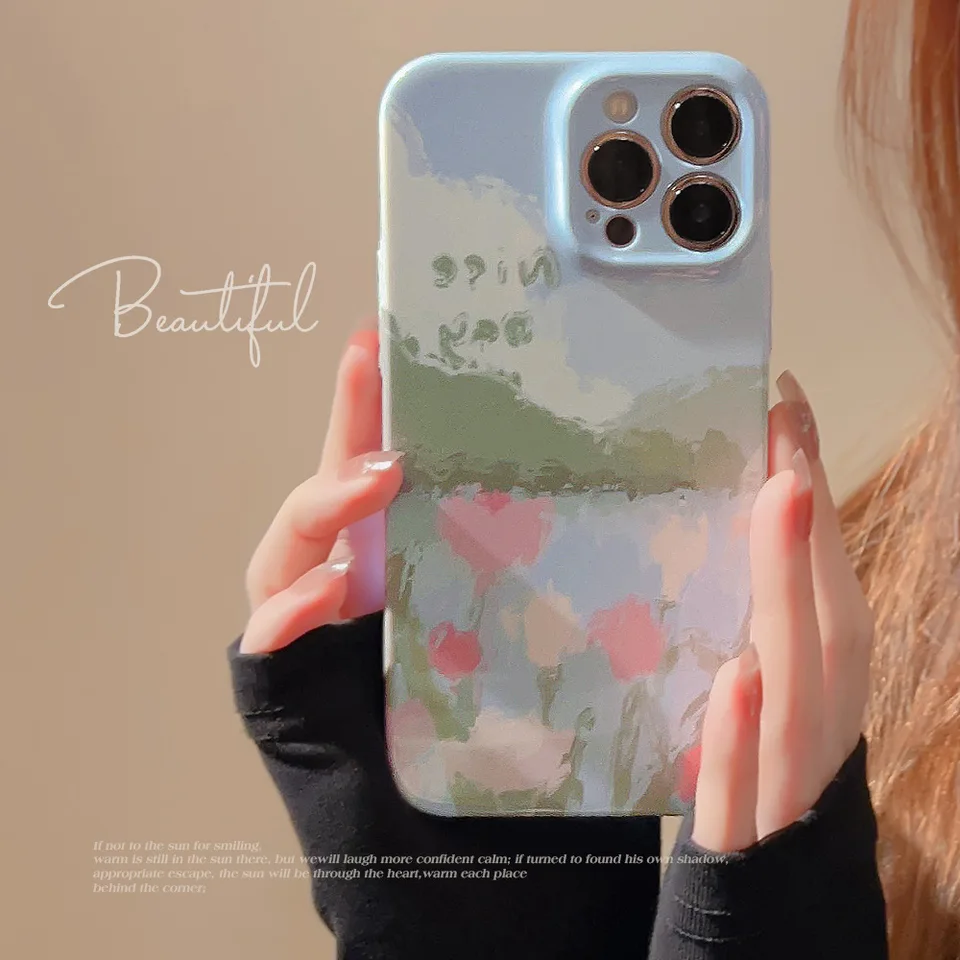 Prípady astetického tvrdého telefónu pre iPhone 14 Pro Max 13 12 11 x xs xr 7 8 plus setulip kvety olejomaľba