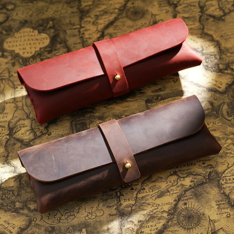 Prírodná koža na ceruzku Retro pero tašku Boy a dievčenský študent veľké kapacitné kancelárske potreby Storage Bag Cowhide Okulia