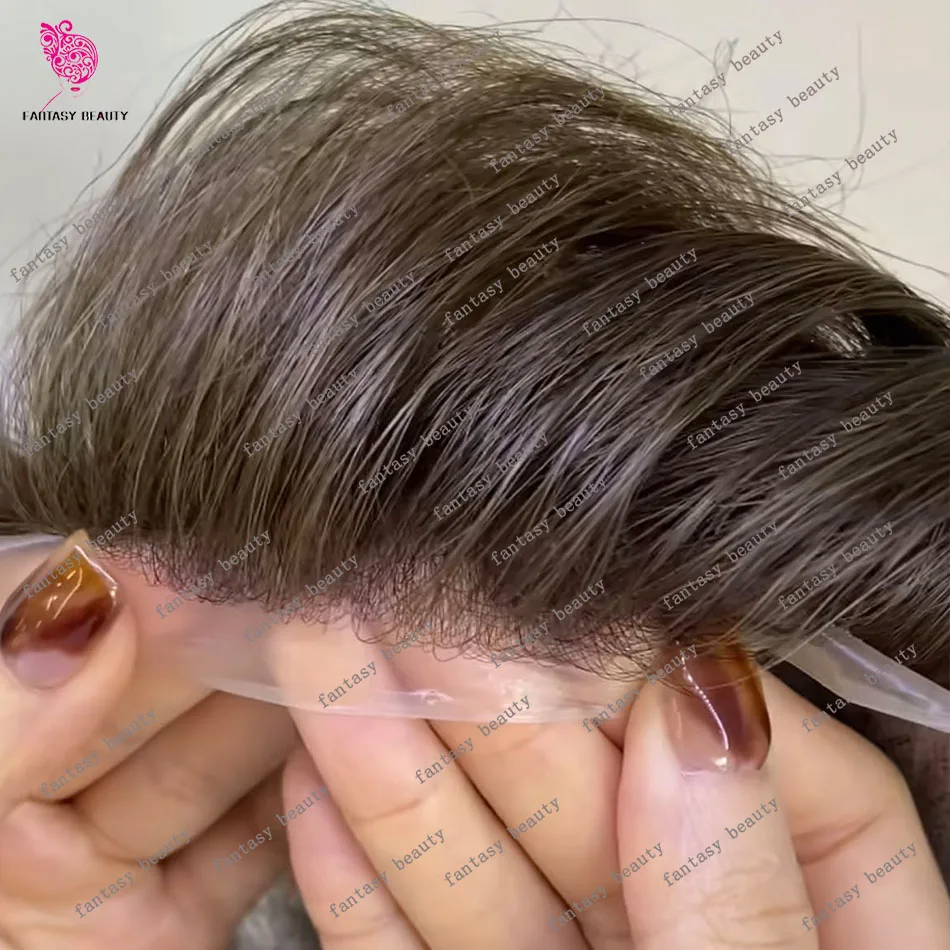 Prírodná vlasová línia super tenká pokožka 0,06-0,08 mm pánske toupee cool hnedo čierna šedá parochňa 100% ľudské vlasy kapilárna protéza