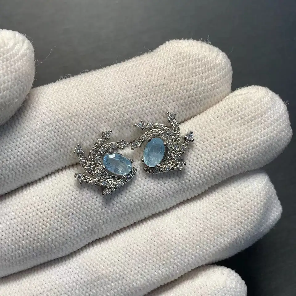Prírodné akamarine 925 Sterling strieborné náušnice pre ženy Darček pre šperky jednoduchý šperk modrý kameň