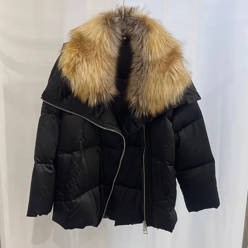 Prírodné husté teplé 90% biele kačica dole dlhá zimná bunda Ženy skutočné veľké líšky s kožušinovými pásovými pásmi voľný Puffer Parka