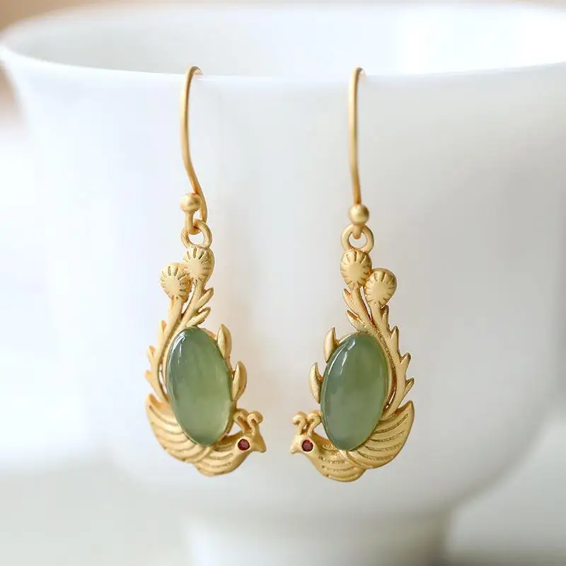 Prírodné jade phoenix náušnice skutočné šperky dizajnér luxusné kúzlo vyrezávaný drahokam 18k zlatohnedé módne doplnky Vintage