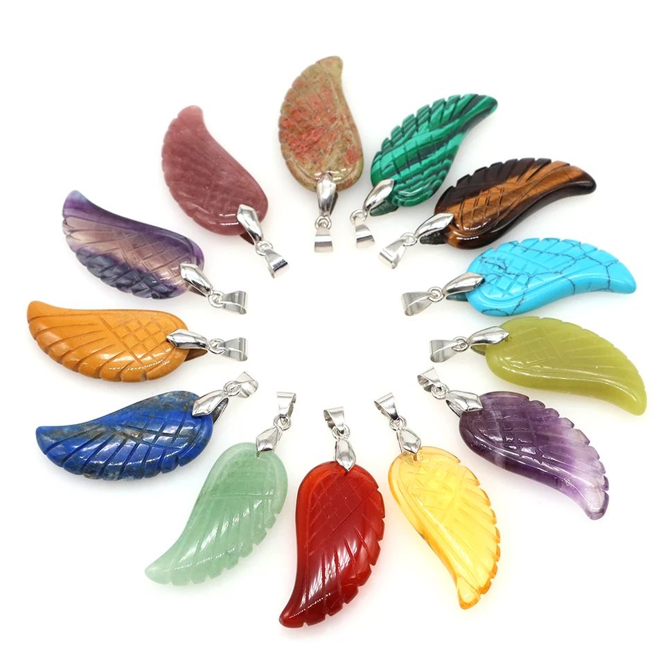 Prírodné kamenné anjelské krídla Pendants Lieha krištáľový kremeň ametyst fluorit opál Gemstone Ženy Men Charm pre náhrdelníky darček