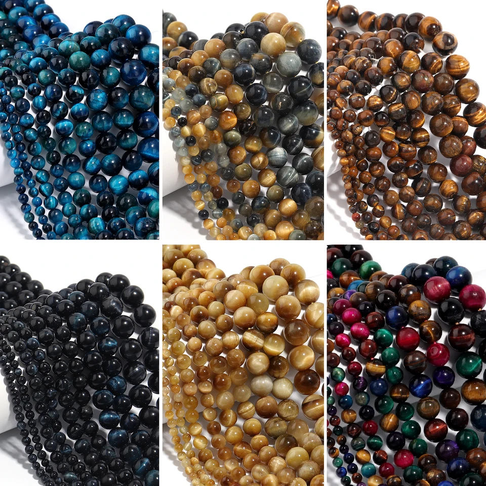 Prírodné korálky s očami Tiger Eye Stone Multicolor Round Spacer Jades korálky 4-12 mm na výrobu náramkových náhrdelníkov šperkov DIY doplnky