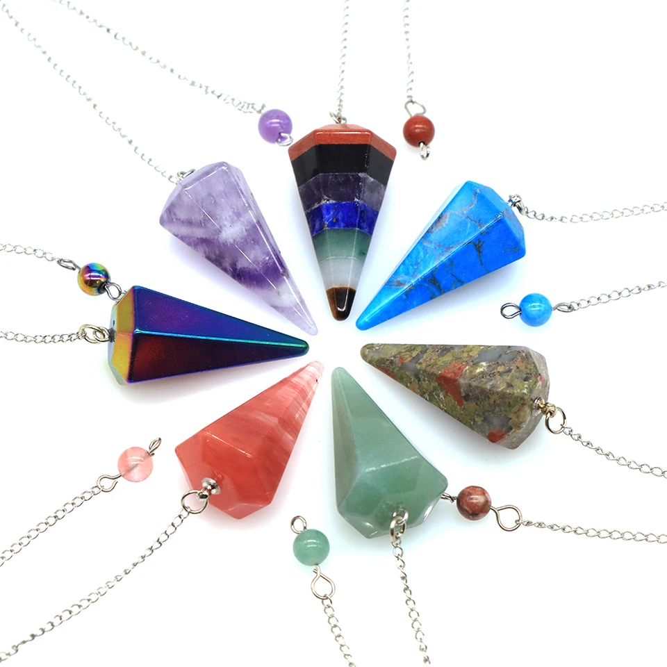 Prírodné kremeň reiki liečenie kyvadla Dowsing Spiritual Divinte Cone Crystal Gemstone Pendulos Witchcraft Dodávky Veľkoobchod