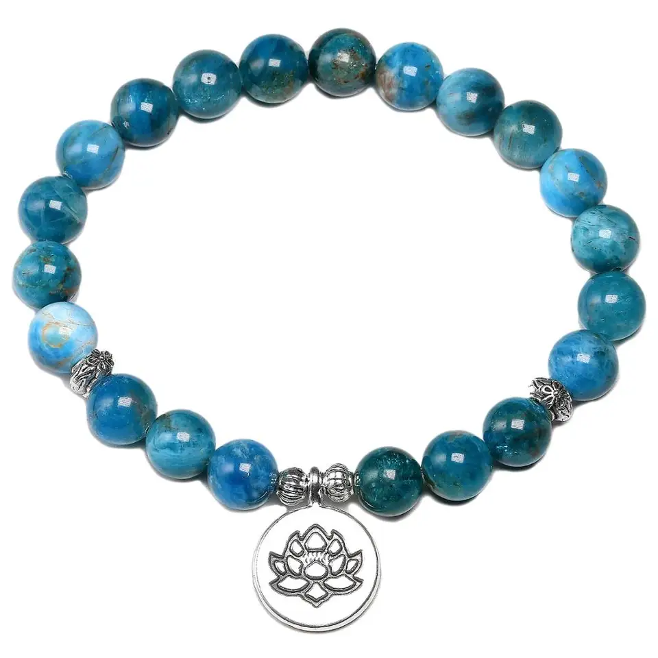 Prírodné modré náramky apatitu Kamenné náramky pre ženy s 8 mm korálky pre mužov pre mužov Energy Yoga meditácia Lotus Charm