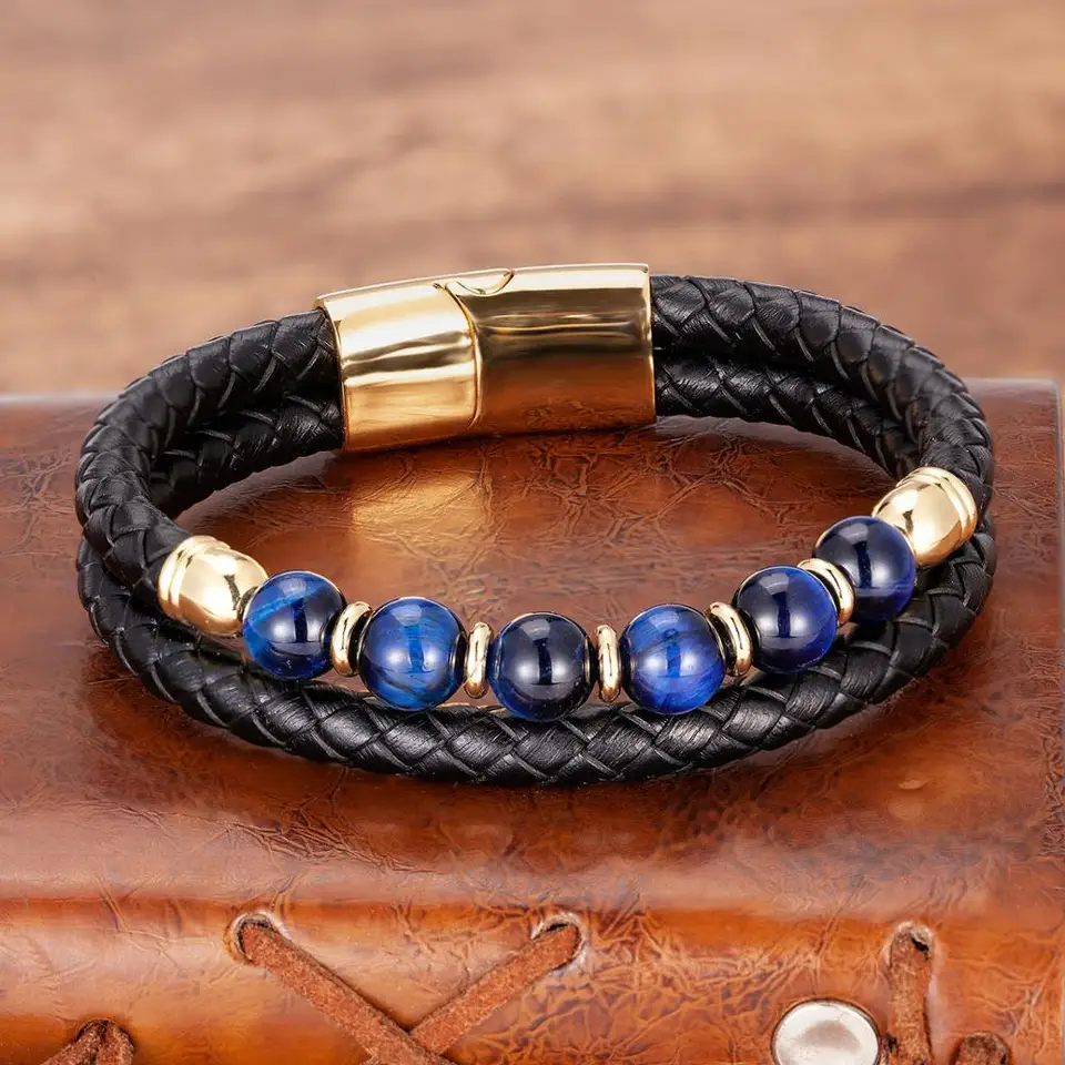 Prírodné modré Tiger Eye Peads O náramky pre mužov z nehrdzavejúcej ocele Magnetická spona Vintage Viacvrstvový kožený náramok náramok náramku