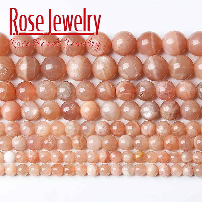 Prírodné slnečné korálky Orange Moonstone Round Loose Stone Pirálky pre šperky výroby náramkov DIY Náramky náhrdelníka 4-12 mm 15