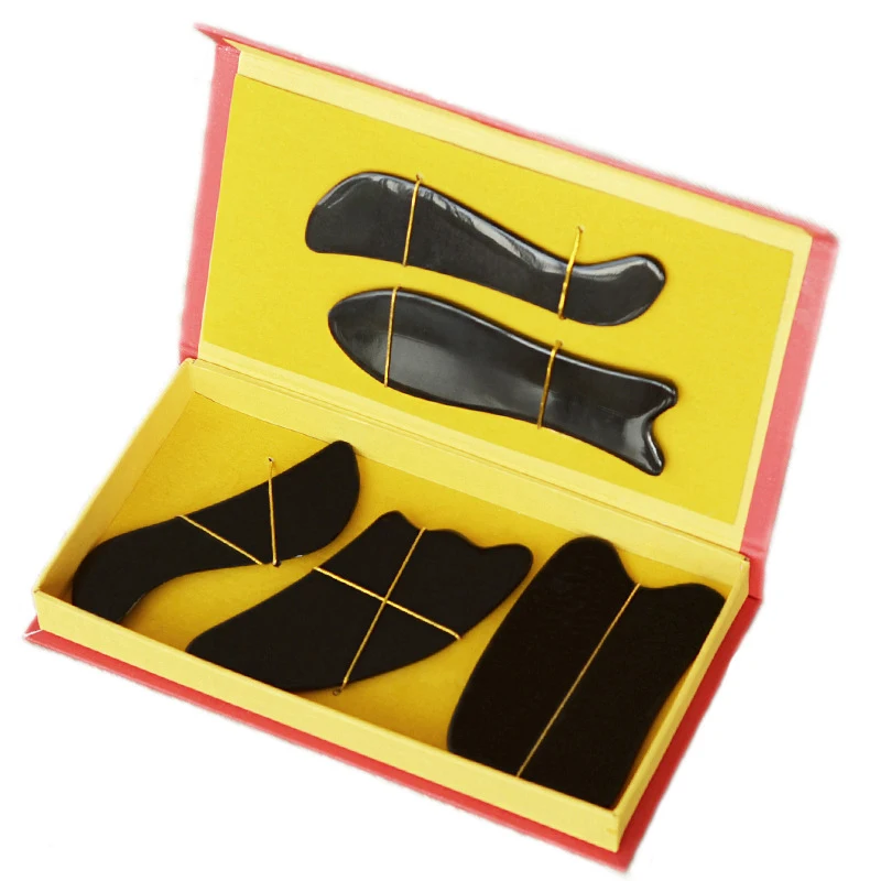 Prírodné čierne Buffalo Horn Masáž Masážový nástroj GUA SHA Board Sada 5 pre spúšťacie body akupunktúrnej terapie Body Spa Spa