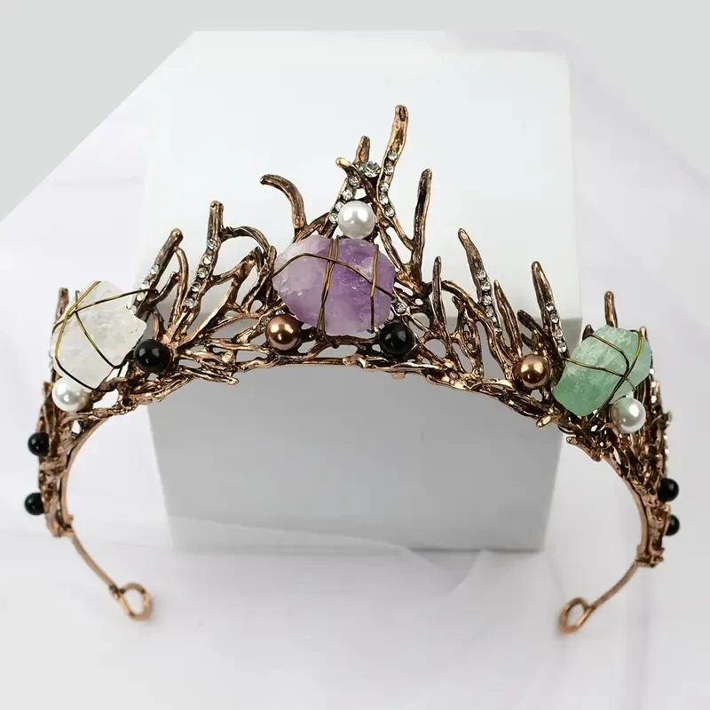 Prírodný ametyst Whitecryštál fluorit morská panna koruna Móda farebný kryštálVintage metalcrown Hair Accessories Female 1pc