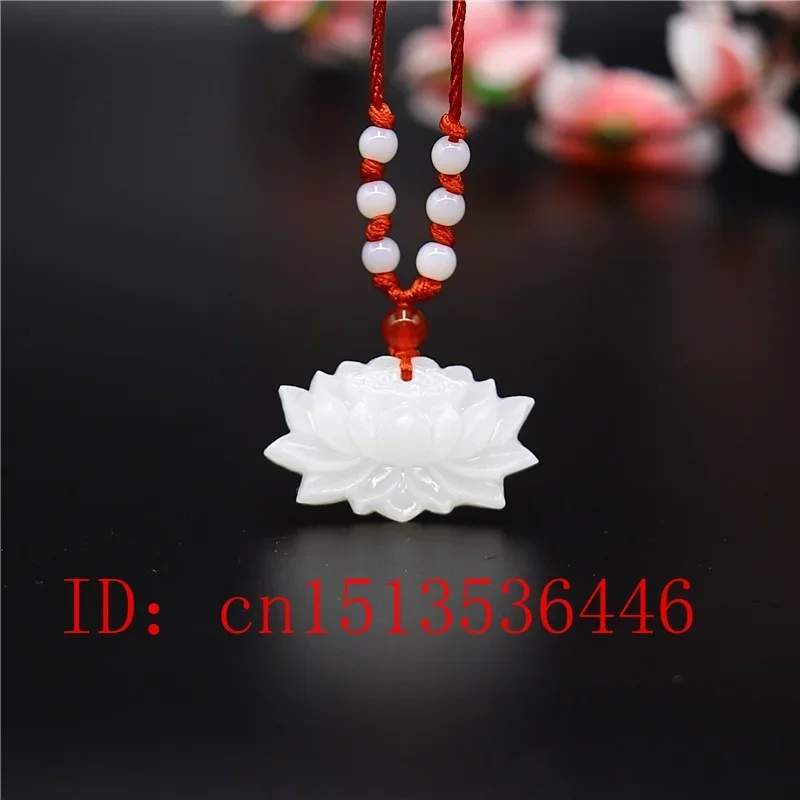Prírodný biely jade Lotus prívesok Náhrdelník kúzlo šperky vyrezávané amulety módy čínske darčeky pre ženy Sweater retiazka