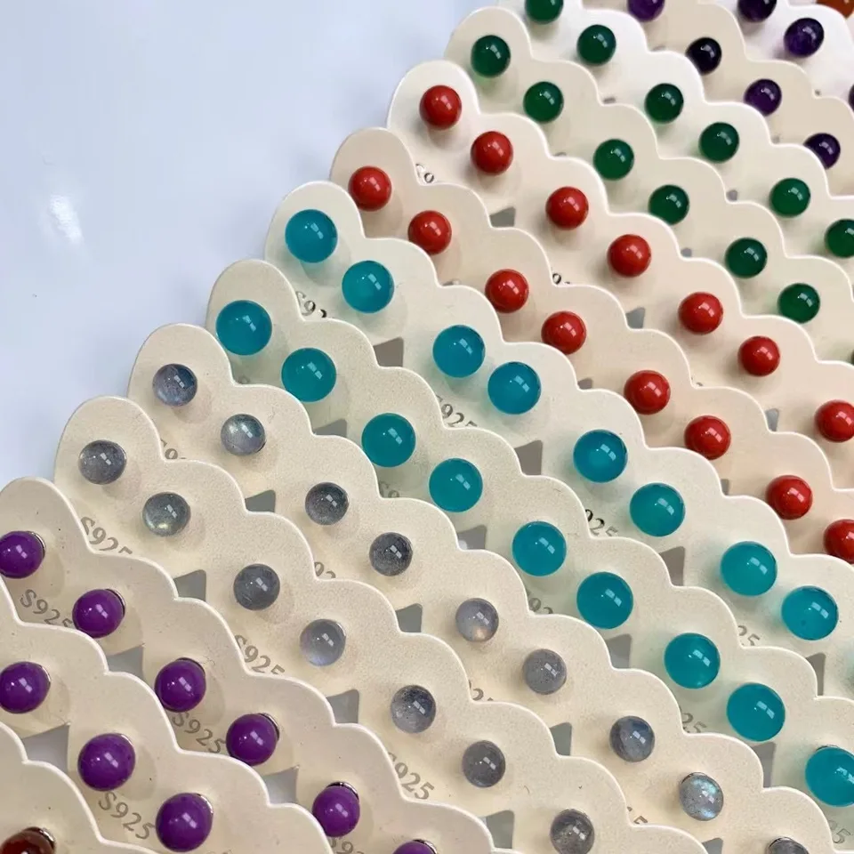 Prírodný drahokam 925 Sliver Mini Beads Stud náušnice 2023 retro osobnosť agát achát jade okrúhly nálada